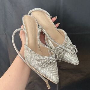 Vivid Diva Silver Crystal Embellished Slingback Mules